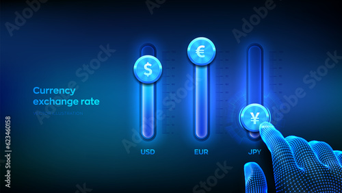 Currency exchange rates. Financial stock market. Fintech. Wireframe hand adjust a currency exchange rates. Mixing console. Trading data, investment, money converting concept. Vector illustration.
