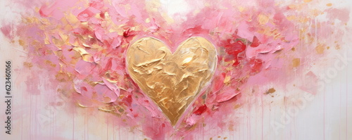 Pink and gold heart, with attractive warm color and feel. Gold heart in a big pink heart. Like , love, thank you concept abstract background. Hand edited generative AI.  
