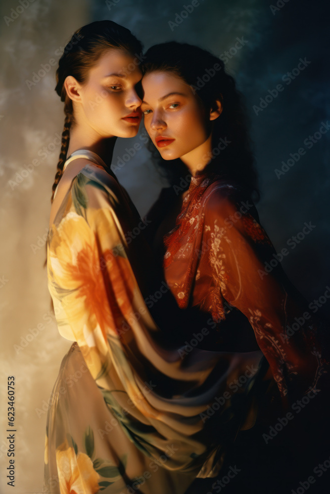 portrait of women/models/book characters in daylight scene for lgbtq + awareness embracing in a fashion/beauty editorial magazine style film photography look  - generative ai art