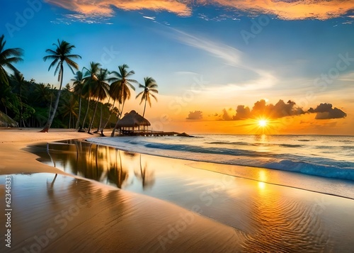 Sunset on the beach, golden hues kiss the waves, a tranquil horizon bids the day adieu © Abdul