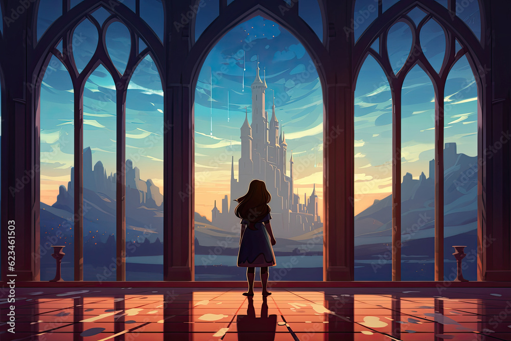 little girl looks out big window in castle magic illustration Generatie ...