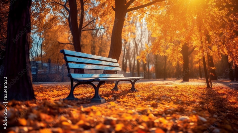 bench in autumn park HD 8K wallpaper Stock Photographic Image