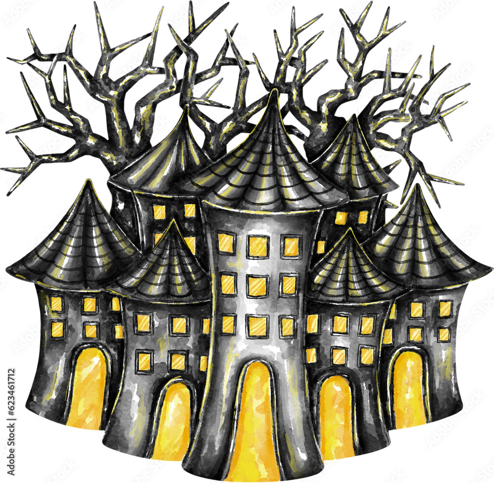 The haunted house watercolor set can be adapted for a variety of applications such as digital printing, mugs, stickers, illustrations, children's art, card design, Halloween-themed decorations, and mo