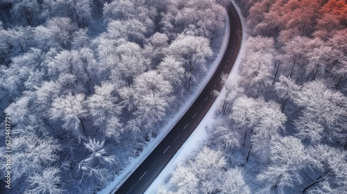 Asphalt road leading through the forest. View from above, from a drone. Winter landscape, trees in the snow © PaulSat