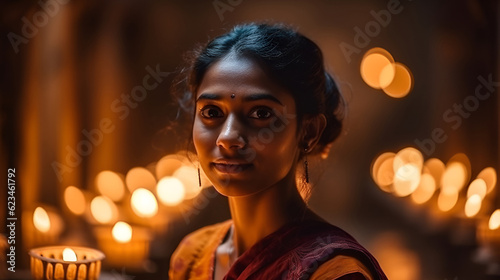  Indian young woman in sari holding burning candles, praying in temple and looking at camera. traditional festival Diwali, night of lights in India. AI generated