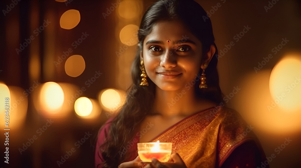 Happy Diwali. Indian young girl in sari holding burning candles Diwali and looking at camera. traditional festival Diwali, night of lights in India. AI generated Happy Diwali. Indian young girl in sari holding burning candles Diwali and looking at camera. traditional festival Diwali, night of lights in India. AI generated