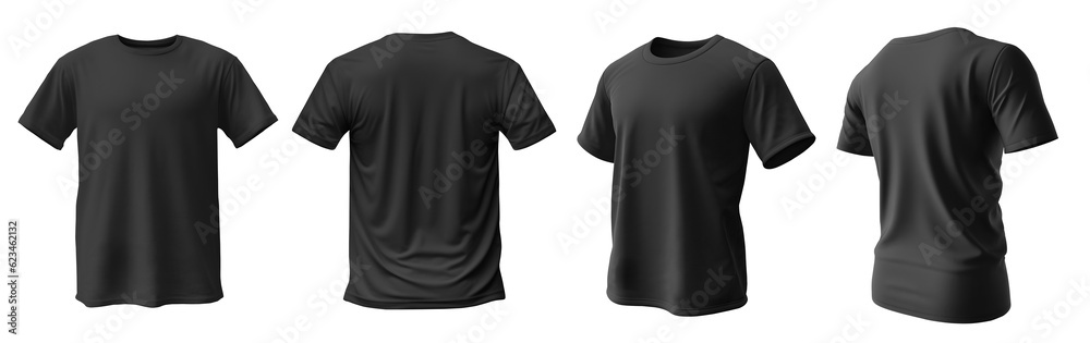 Set of black tee t shirt round neck front, back and side view on transparent background cutout, PNG file. Mockup template for artwork graphic design. 3D rendering

 - obrazy, fototapety, plakaty 
