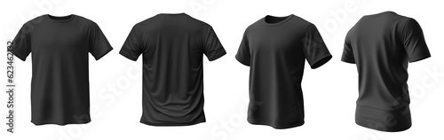 Set of black tee t shirt round neck front, back and side view on transparent background cutout, PNG file. Mockup template for artwork graphic design. 3D rendering

 photo