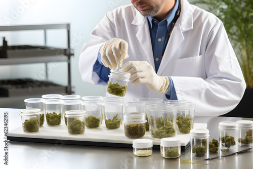 medical marijuana research lab, with scientists analyzing and testing various strains and products