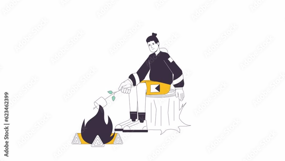 Vidéo Stock Young man roasting marshmallow on fire line cartoon