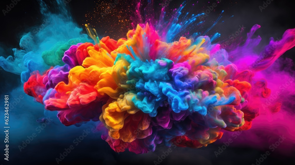 Human brain with multicolored close-up on black background. Bright pulses and splashes around the brain. creative brain work. Symbolism of talented person in creative thinking, ai generative