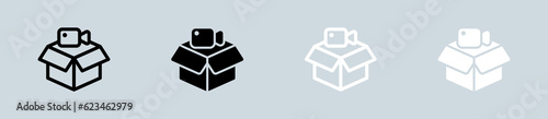 Unboxing video icon set in black and white. Review signs vector illustration.