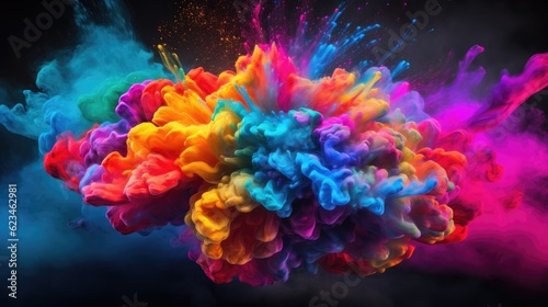Human brain with multicolored close-up on black background. Bright pulses and splashes around the brain. creative brain work. Symbolism of talented person in creative thinking, ai generative