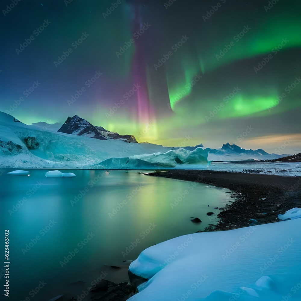 Realistic photo of jokulsarlon aurora borealis glacier lagoon. Generative AI