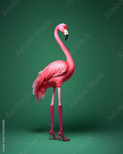 Realistic pink flamingo wearing high heels knee boots,  tropical inspired fashion trend. 