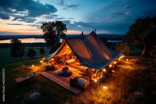Luxurious camping, glamping, a tent in a clearing on the river bank. Tourism and summer vacation with tents concept. Aerial view. 