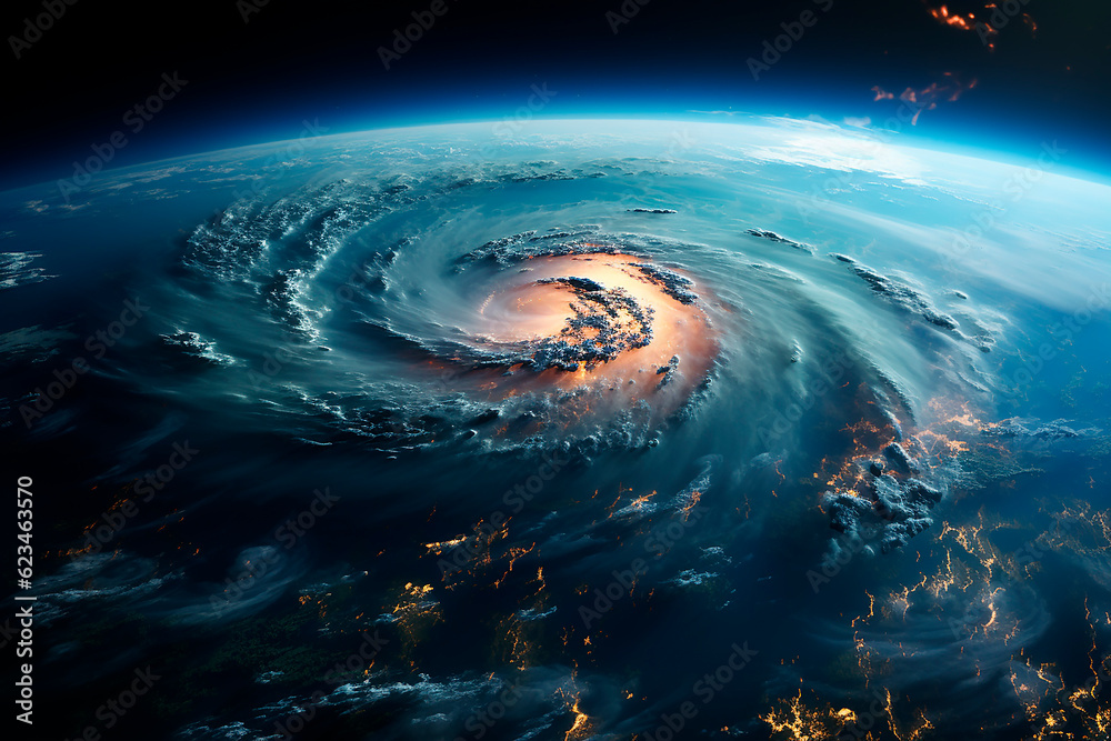 Satellite image from space of a tropical storm - hurricane, cyclone or typhoon. Climate change concept.