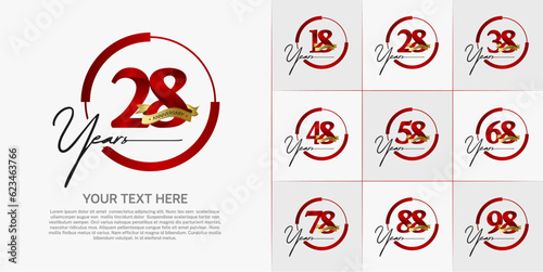 set of anniversary logo with red number in circle and golden ribbon can be use for celebration © CRIMSONRED