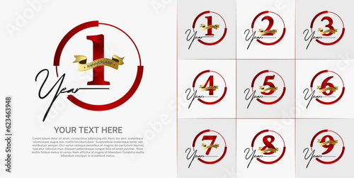 set of anniversary logo with red number in circle and golden ribbon can be use for celebration