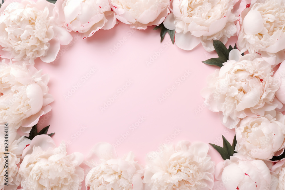 white peonies frame on a pastel pink background flat lay