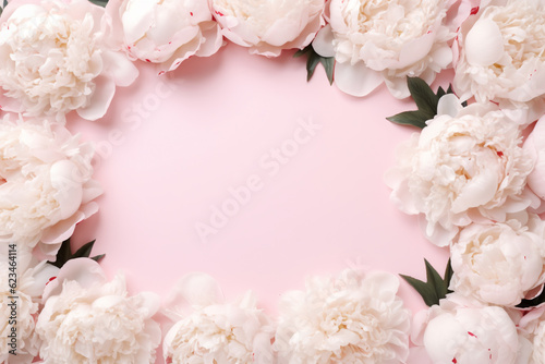 white peonies frame on a pastel pink background flat lay © World of AI