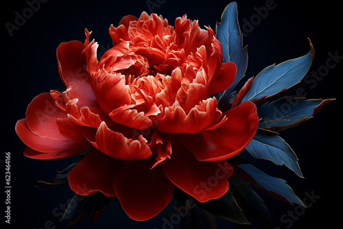 red peony flower close up on a dark blue background, AI generated