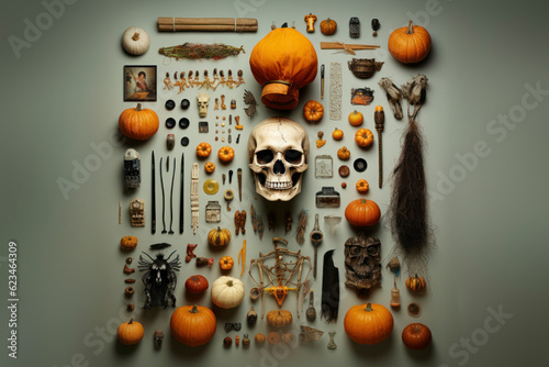 Knolling-style Halloween still life on a pastel background .Generative AI illustration.