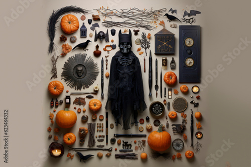 Halloween-themed flatlay background.Generative AI illustration.