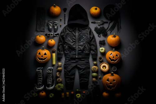 Knolling arrangement of Halloween-inspired objects. A fun and creative twist on classic design .Generative AI illustration.