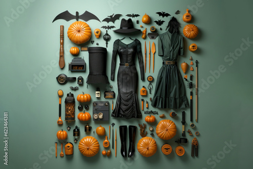 Halloween background with a costume and other Halloween items .Generative AI illustration.