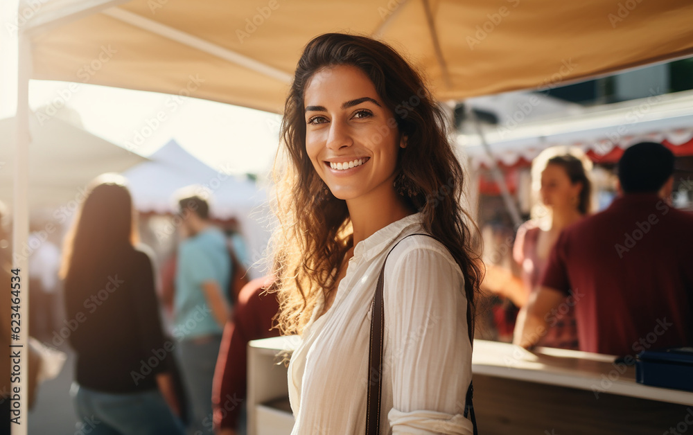 Smiling young woman shoping at a pop-up business shop. Generative AI Smiling young woman shoping at a pop-up business shop. Generative AI
