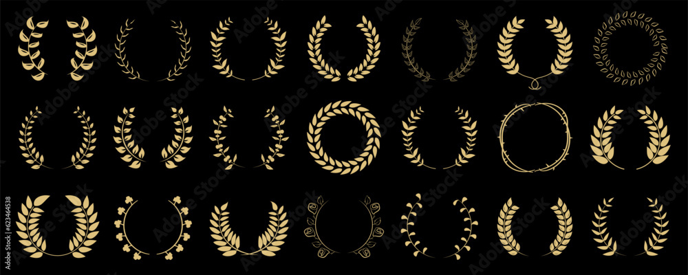 Floral wreath collection. Set of golden laurel wreath element for winner, award, champion. Tree branch wreath - obrazy, fototapety, plakaty 