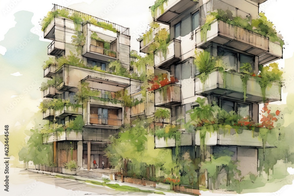 Sustainable development project sketch, green building and trees. Sustainable development project sketch, green building and trees.