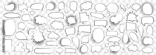 Comic speech bubble cloud collection with halftone elements. Set of halftone cartoon speech bubble