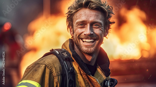 Portrait of a fireman wearing Fire Fighter turnouts and helmet. Background is red and blue smoke and light. Turnouts are protective clothing. © PaulShlykov