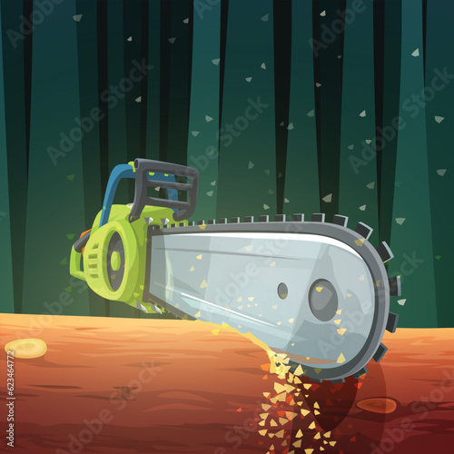 a green chainsaw in tree with sawdust