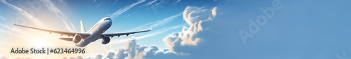 illustration Passenger plane flies in blue sky with white clouds with copy space. The concept of airline companies, travel and passenger transportation. Long minimalistic banner. Generative AI.