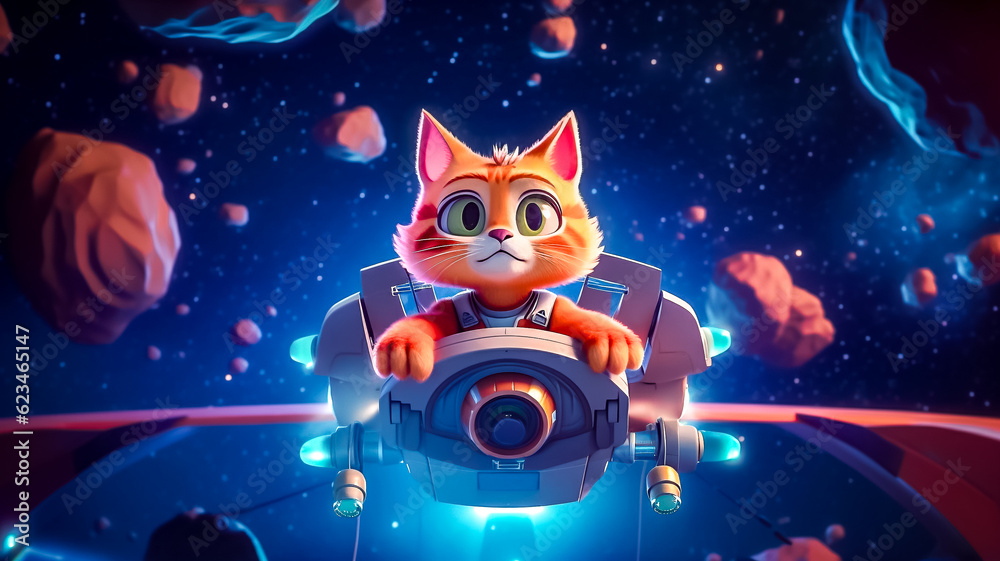 Personnage de chat mignon conduisant un engin spatial dans l'espace - Générative iA Personnage de chat mignon conduisant un engin spatial dans l'espace - Générative iA