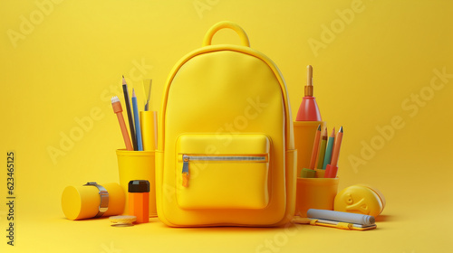 Yellow school backpack on yellow background