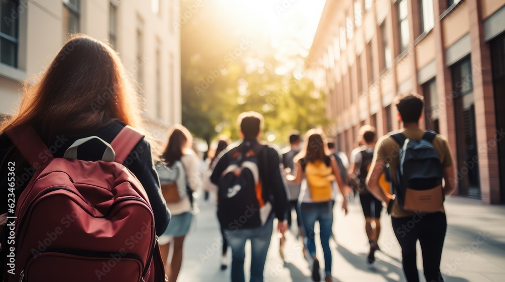 blurred group of young students going to class in fast movement, Generative AI blurred group of young students going to class in fast movement, Generative AI