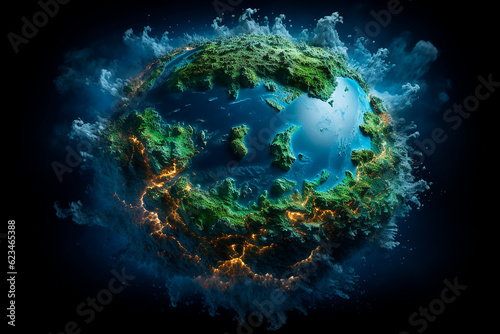 Ocean and rivers visible from space, blue globe, black background. © Katerina Bond