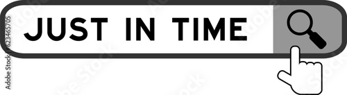 Search banner in word just in time with hand over magnifier icon on white background