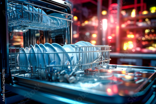 Porte du lave vaisselle ouverte montrant la vaisselle propre et étincelante - Générative IA photo