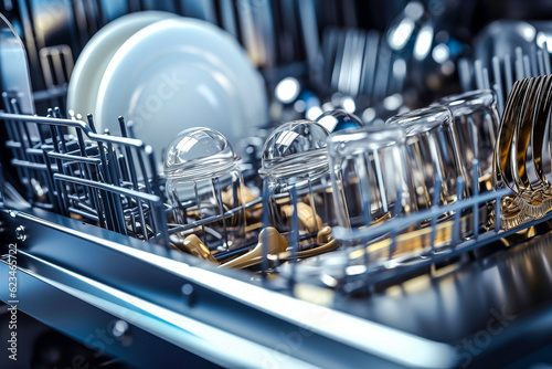 Porte du lave vaisselle ouverte montrant la vaisselle propre et étincelante - Générative IA photo