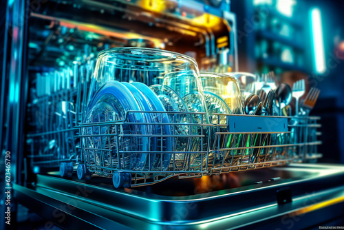 Porte du lave vaisselle ouverte montrant la vaisselle propre et étincelante - Générative IA