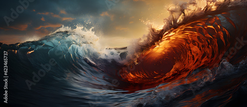 an orange ocean wave and a blue sky in the background Generated by AI © 文广 张