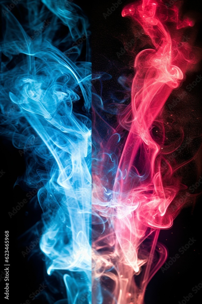 smoke and sparkles, red light on the right and blue light on the left, black background