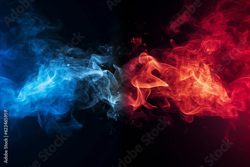 smoke and sparkles, red light on the right and blue light on the left, black background