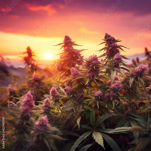 marijuana background at sunset. bush cannabis. 