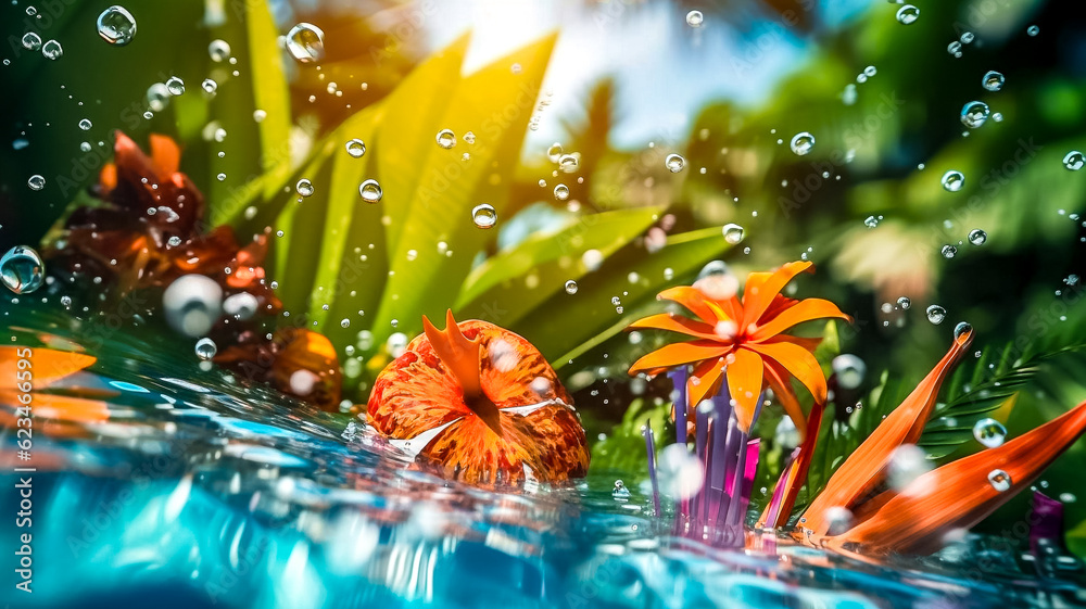 Fleurs et feuilles tropical dans l'eau - Générative IA